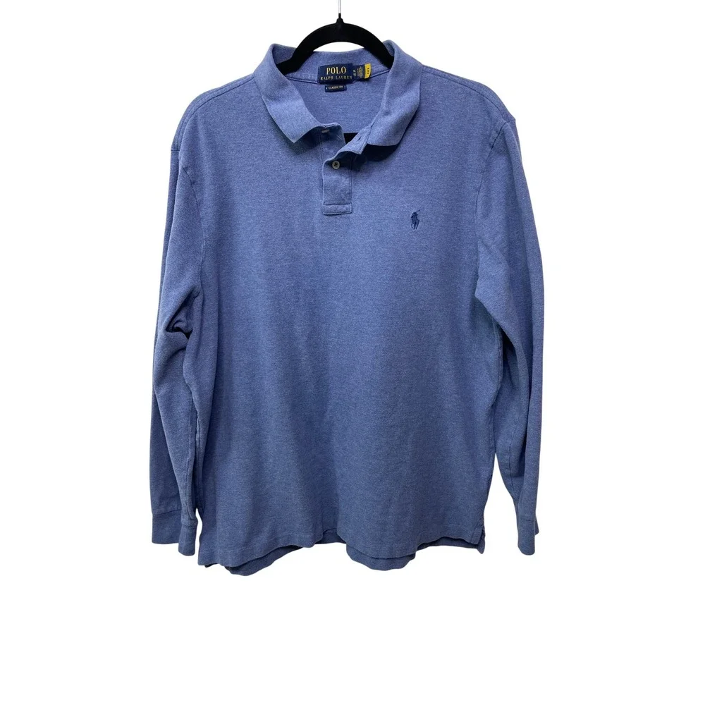 Polo Ralph Lauren Mens XL Classic Fit Long Sleeve Polo Shirt Heather Blue Cotton